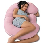 QUEEN ROSE Cooling Pregnancy Pillows, E Shaped Maternity Pillow for Sleeping, with Extra Wedge Pillow for Belly Support, 60 Inch Full Body Pillow, Pink