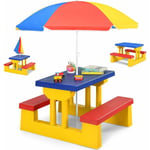 Ensemble Salon de Jardin pour Enfant Comprenant 1 Table et 2 Bancs Plus 1 Parasol Centré en Couleurs Vives, Table de Jardin pour Pique-Nique, Cour,