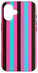 Coque pour iPhone 16 Rose Bleu rayé Esthétique Girly Preppy Rayures noires