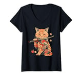 Womens Japanese Samurai Yakuza Tattoo Cat V-Neck T-Shirt