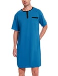 Uniexcosm Men's Nightshirt Pajama Tops Short Sleeve Nightie for Men Button Round Neck Sleep Shirt Knee Length Nightdress Nightwear Nightgown Loose Fit for Hospital Home Casual Blue