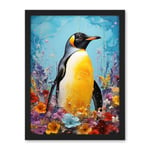 Artery8 King Penguin in Colourful Floral Flowers Nest Thick Paint Oil Painting Yellow Black Blue Colourful Artwork Framed Wall Art Print 18X24 Inch