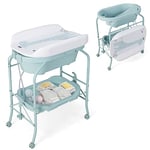 COSTWAY 4 in 1 Baby Changing Table, Folding Infant Nursery Station with Bath Tub, 4 Universal Wheels, PVC Pad and Storage Tray, Portable Newborn Massage Tables Diaper Organizer (Blue)