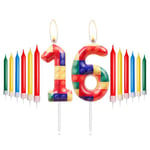 Building Blocks Birthday Candles, 16th Birthday Candles, Rainbow Number 16 Candles, Red, Yellow, Green, Blue Candle for Cake, Building Block Themed for Girls Boys Birthday Party Decorations Supplies