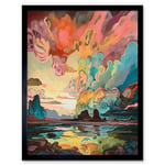 Van Gogh Inspired Atmospheric Clouds Over Mono Lake at Dawn Modern Watercolour Painting Art Print Framed Poster Wall Decor 12x16 inch