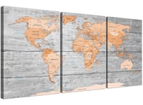 Large Orange Grey Map of World Atlas Canvas Wall Art Print - Multi 3 Set - 3304