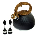 3L Whistling Kettle Black Honeycomb & Wood Effect + 2pk Tea Infusers