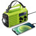 Solar Hand Crank Radio, 5-Way Powered AM/FM/SW Emergency Radio for Outdoor with 5000 mAh Capacity Battery, Portable Radio with USB Charger, LED Flashlight, Reading Lamp, SOS Alarm and Compass Green