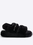 River Island Girls Faux Fur Open Toe Slippers - Black, Black, Size 5 Older