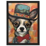 Chihuahua Dog Top Hat and Bowtie Modern Folk Art Artwork Framed Wall Art Print A4