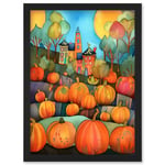 Farm House Halloween Pumpkin Patch Modern Folk Art Watercolour Painting Artwork Framed Wall Art Print A4