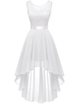 Berylove 7035 Vintage Robe de Cocktail Pin Up High Low en Dentelle Mousseline pour Mariage Soirée Bal Jupe Asymétrique sans Manche avec Ceinture Blanc 2XL