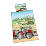 Parure de lit Herding Tractor, fabriquée en vert par Öko TEX, taie d'oreiller environ 40 x 60 cm, housse de couette environ 100 x 135 cm, avec fermeture éclair lisse de la marque, 100 % coton/renforcé