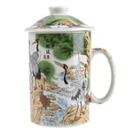 Lachineuse - Tisanière Chinoise Paysage - Tasse à Infusion en Porcelaine - Avec Infuseur & Couvercle - Peinture Chinoise avec Oiseaux de Longévité - Vaisselle Traditionnelle de Chine - Idée Cadeau Thé