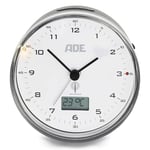 ADE Radio Alarm Clock Analogue CK 2022 (Silent Alarm Clock without Ticking, Thermometer, Date and Snooze Function, 8.2 cm Diameter), ABS Plastic, Black White, 8.2 cm