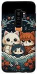 Coque pour Galaxy S9+ mignon anime chat portrait de famille avec couronne, lune, fleurs