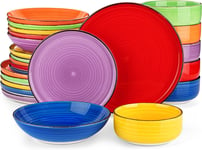 Colorful 24-Piece Dinner Set for 6, Handpainted Plates & Bowls, Warm Tones