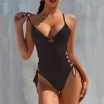 Push Up Badkläder Dam En Delig Baddräkt Kvinnlig Solid Monokini Bandage Baddräkter Sexig Baddräkt Simning Strandkläder Monokini Black S