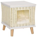 Rattan Cat Cave Naturlig Kattsovplats Med Kudde, Rottingkattkorg, Beige+Vit+Naturlig