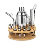 Shaker à Cocktail kit, Cocktail Set 750ML Professionnel 14 Pièces en INOX avec Support en Bois, Ensemble de Cocktail Shaker kit pour Bar, Soirée, Pique-Nique, Mariage, Célébration