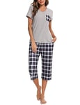 iClosam Pyjama Femme Été en Coton Pyjama Femme Court à Carreaux Pyjama Femme avec T-Shirt Manche Courte et Pantalon Capri Ensemble de Pyjama Femme 2 Pièces S-XXL