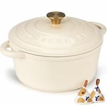 Overmont Cocotte en fonte émaillée – Casserole de 5,4 l avec couvercle – Livre de cuisine et maniques en coton – Batterie de cuisine robuste pour braiser, ragoûts, rôtir, cuire du pain, blanc