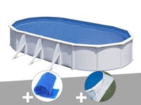 Kit piscine acier blanc Gré Fidji ovale 7,44 x 3,99 x 1,22 m + Bâche à bulles + Tapis de sol