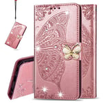 IMEIKONST Compatible avec Sony Xperia 1 III Portefeuille Étui, Diamant Papillon en Relief PU Cuir Magnétique Porte Carte Étui à Rabat Coque pour Sony Xperia 1 III. Cystal Butterfly Rose Gold SD