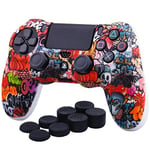 YoRHa Water Transfer Printing Camouflage Silicone Cover Skin Case for PS4/slim/Pro Controller x 1(Skull Graffiti) With Pro thumb grips x 8