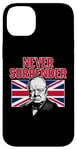 Coque pour iPhone 14 Plus Winston Churchill Never Surrender avec drapeau Union Jack