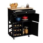 GOPLUS Desserte de Cuisine à roulettes, Chariot de Cuisine en Bois avec Casiers à Vin 3 Niveaux pour 9 Bouteilles, Tiroir et 2 Placards, 67 x 37 x 86 CM Noir