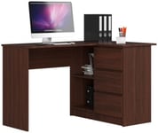 Bureau AKORD d'angle droit B16 Wengé 124 cm 3 tiroirs façade Wengé 2 étagères 124x85x77 cm