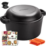 Overmont 2 in 1 Cast Iron Dutch Oven with Cookbook Recipe 5 QT Dutch Oven Pot + 1.6 QT Dual Function Skillet Lid Pre Seasoned with Handle Covers for Camping Home Cooking BBQ Baking