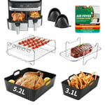 Air Fryer Accessories with Magnetic Cookbook for Tefal Easy Fry 5.2L/3.1L, for Tower T17099, for Salter EK5729, for Huddle 5L/3.5L - Different Size Dual Drawer Air Fryer Silicone Liners - Black