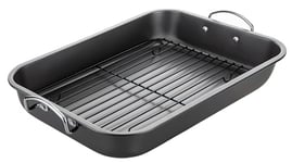 Large Non-Stick Roaster & Rack - 39cm x 29.5cm x 6cm, Heavy Duty Carbon Steel with Stainless Steel Riveted Handles, Dishwasher, Oven, Fridge, Freezer Safe, PFAS & PFAO Chemical-Free