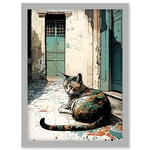 Street Cat Sunbathing on Cobblestone Street Modern Illustration Artwork Framed Wall Art Print A4