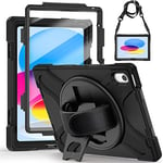 Gerutek Coque Antichoc pour iPad 10ème Génération 2022 10.9 Pouces + Protection d'écran, Étui Robuste avec Support Rotatif, Dragonne et Bandoulière Réglable, Porte-Stylet, Housse pour iPad 10ème, Noir