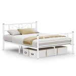 VASAGLE Lit 2 Personnes, Lit Double, Lit 2 Places, en Métal, Convient pour Matelas de 140 x 190 cm, Montage Facile, pour Petits Espaces, Chambre d’Amis, Chambre Ado, Blanc RMB063W01