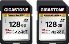 128 Go Lot de 2 Carte SD, Camera Pro Max, Vitesse jusqu'à 120/80 Mo/s, A2 U3 SDXC 4K Ultra HD UHD Video pour DSLR Canon, Nikon, Sony, Pentax, Kodak, Panasonic, avec 2 Mini étuis.