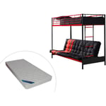 Lit mezzanine 90 x 190 cm - Avec banquette convertible - Métal - Noir et Rouge + Futon + Matelas - MODULO V