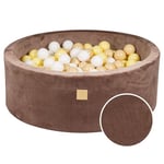 MEOWBABY Piscine à balles Souple pour Tout-Petits et bébés 90x30 cm en Velours côtelé intérieur/extérieur avec balles incluses 200 pièces – Aire de Jeux pour Enfants (Chocolat : Beige/Blanc/Jaune)