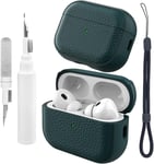 Étui Compatible avec Airpods Pro 2 avec kit de Nettoyage,étui de Protection Compatible avec Airpods Pro 2ème génération avec dragonne,Design Tactile en Cuir pour Airpods Pro 2 (Vert foncé)