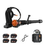 WORX NITRO - Souffleur de feuilles mortes dorsal sans fil Brushless 80V - WG572E (4*batteries 20V-4Ah, 240 km/h, 1 360 m³/h, 1 chargeur Basecamp - puissance comparable aux outils thermiques)