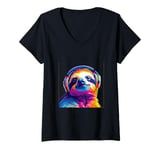 Womens Funny sloth with headphones pop art colorful Graphic V-Neck T-Shirt