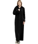 ZFSOCK Peignoir Femme Polaire à Capuche Hiver Robe de Chambre Fermeture à glissière Peignoir de Bain Longue Douce Microfibre Flanelle Robe de Nuit (Noir, L-XL)