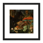 Mignon Still Life With Fruit Goldfinch Painting 8X8 Inch Square Wooden Framed Wall Art Print Picture with Mount