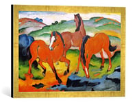 Kunst für Alle 'Encadré Image de Franz Marc Les Chevaux Rouges (Weidende Pferde IV), d'art dans Le Cadre de Haute qualité Photos Fait Main, 60 x 40 cm, Or Raya