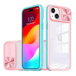 Dqtaoply Coque iphone 15 Plus, avec Lentille Coulissante Caméra Protection Étui Antichoc Silicone TPU + PC Housse Anti-Rayures Dos Transparente Case pour iphone 15 Plus(Rose + Vert)