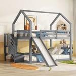 Lit superposé 140x200cm avec escalier de rangement et toboggan, lit cabane, lit enfant avec balustrade, adapté aux enfants, adolescents, gris