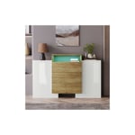 Liberté - Buffet, commode moderne, placard 140 cm, coloris blanc brillant et bois, effets lumineux led multicolores